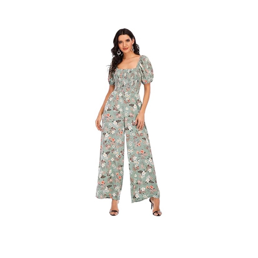 Women’s Green Floral Smocked Top Short Sleeve Wide Leg Jumpsuit Sz XL